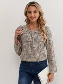 Blusa Feminina Manga Longa Texturizada Elegante Gola Redonda