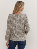 Blusa Feminina Manga Longa Texturizada Elegante Gola Redonda