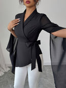Blusa Feminina Chiffon Assimétrica Transpassada Manga Ampla Elegante