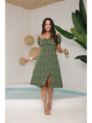 Vestido Midi Floral Ombro a Ombro com Decote e Elastex