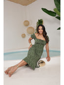 Vestido Midi Floral Ombro a Ombro com Decote e Elastex