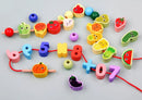 Kit de Contas de Madeira Montessori com Cordão – Brinquedo Educativo de Encaixe com Animais, Frutas, Letras e Números