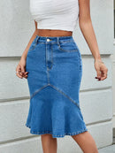 Saia Jeans Midi Sereia Feminina com Elasticidade