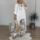 Conjunto Botanique™ com Blusa Assimétrica Longa e Calça Pantalona Floral / Estilo Artístico com um Corte Impecável!