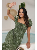 Vestido Midi Floral Ombro a Ombro com Decote e Elastex