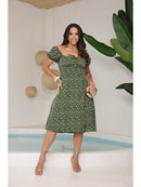 Vestido Midi Floral Ombro a Ombro com Decote e Elastex